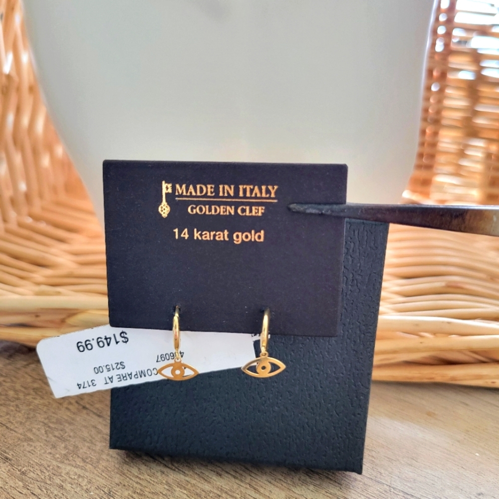 14K Solid Gold Evil Eye Huggie Hoop Earrings
